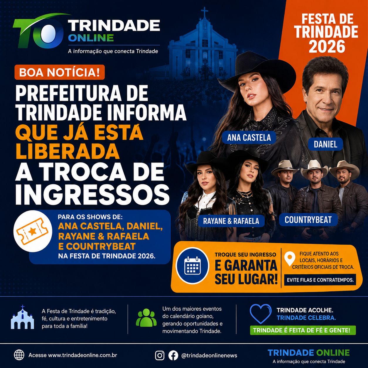 Prefeitura de Trindade libera troca de ingressos para os shows da Festa de Trindade 2026